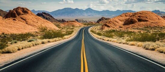 Empty road winding through desert landscape