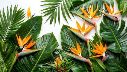 Tropical flowers and foliage arranged on white background