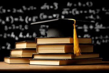 Graduation cap atop stacked books, chalkboard background (1)