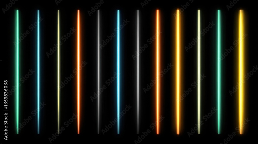 Poster vertical lines in various bright colors glow against a black backdrop, creating a lively and energet