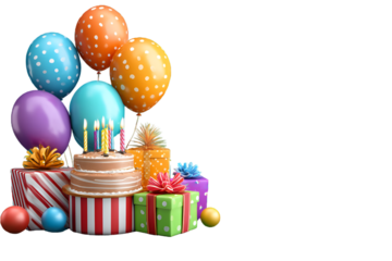 Colorful birthday cake and gifts with balloons isolated on transparent background