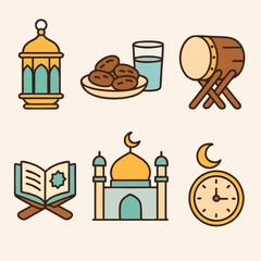 Islamic icons set including mosque, halal, Quran, lantern, and clock, flat design illustration.
