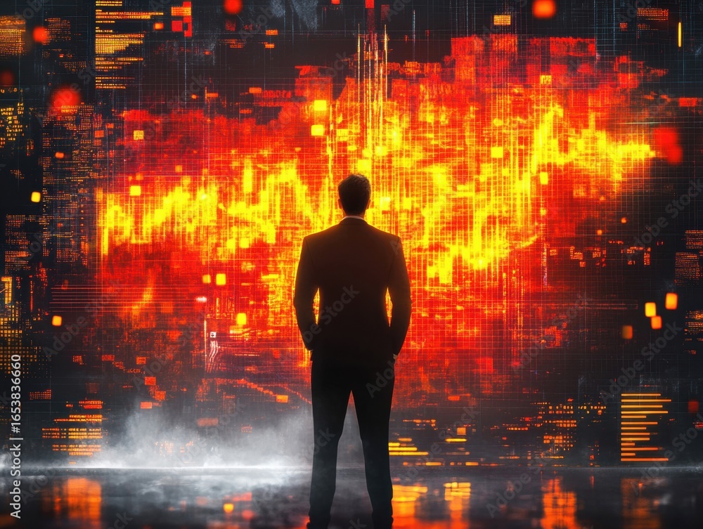 Poster a business professional stands with their back to the viewer, observing striking digital data visual