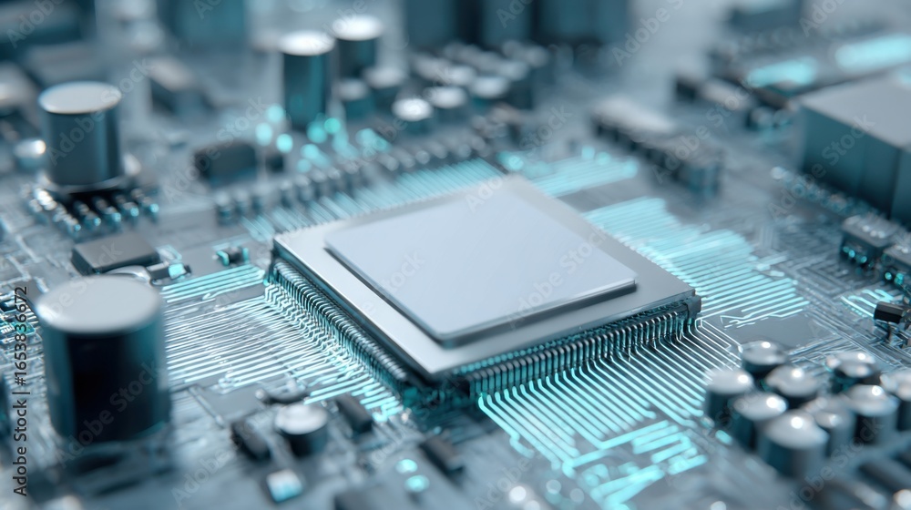 Poster detailed close-up view of a circuit board featuring a microchip surrounded by various electronic com