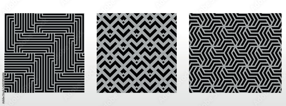 Poster geometric set of seamless black and gray patterns. simple vector graphics