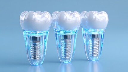 Three dental implants with a glossy design showcase innovative dental technology. The implants feature white crowns and metallic bases, highlighting advancements in oral health solutions.