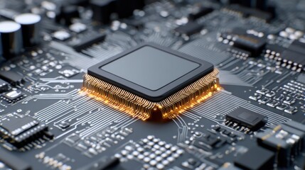 Close-up view of a computer motherboard showcasing a central processing unit with detailed circuitry and connections. The image illustrates modern electronic design and technology integration.