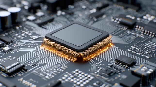 Close-up view of a computer motherboard showcasing a central processing unit with detailed circuitry and connections. The image illustrates modern electronic design and technology integration.