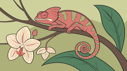 Chameleon illustration vector art pink reptile on branch with orchid flower drawing design nature scene art 100