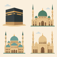 Flat design illustration of famous Islamic mosques including Kaaba and Medina.
