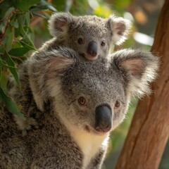 Fototapeta premium Adorable koala joey clings to mother's back while resting in a eucalyptus tree.