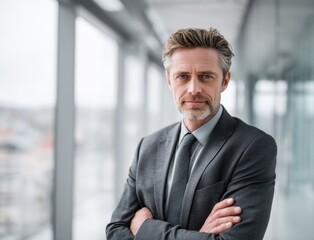 A confident man in a suit with crossed arms poses in a contemporary office. Natural light flows through large windows, creating a bright atmosphere. The space features a sleek design.