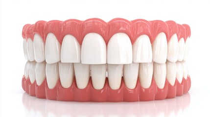 Fototapeta premium This dental model displays a complete set of upper and lower teeth, highlighting the alignment and structure of adult human dentition in a clean, clinical environment.