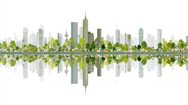 A vibrant urban skyline features modern skyscrapers interspersed with greenery. A serene body of water reflects the buildings, creating a peaceful atmosphere in a bustling city.