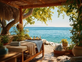 Obraz na płótnie Canvas Relaxing spa setting by the ocean with natural elements and a serene view