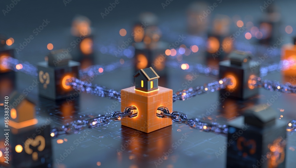Aufkleber a stylized 3d rendering of secure blockchain connections with matte black and electric orange cubes 