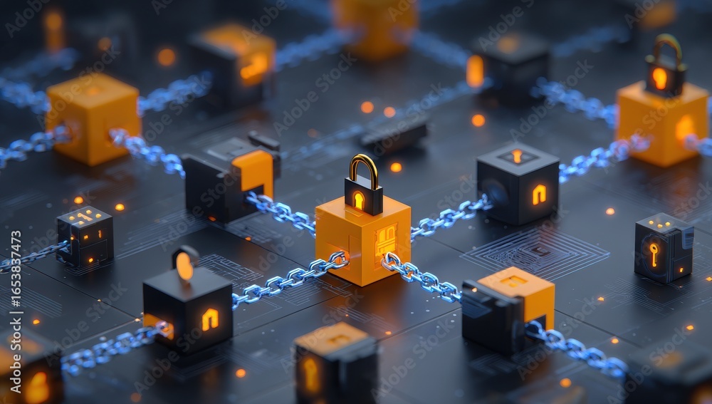Aufkleber a stylized 3d rendering of secure blockchain connections with matte black and electric orange cubes 