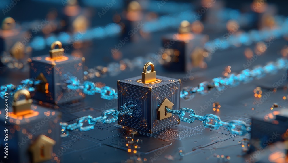 Aufkleber a stylized 3d rendering of secure blockchain connections with matte black and electric orange cubes 