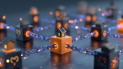A stylized 3D rendering of secure blockchain connections with matte black and electric orange cubes joined by thick chain links of glowing sapphire blue. Circuit motifs decorate each block,