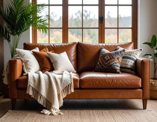 Cozy leather couch by a large window