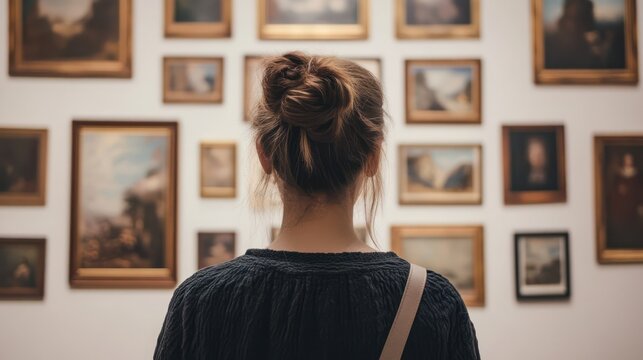Woman views art collection