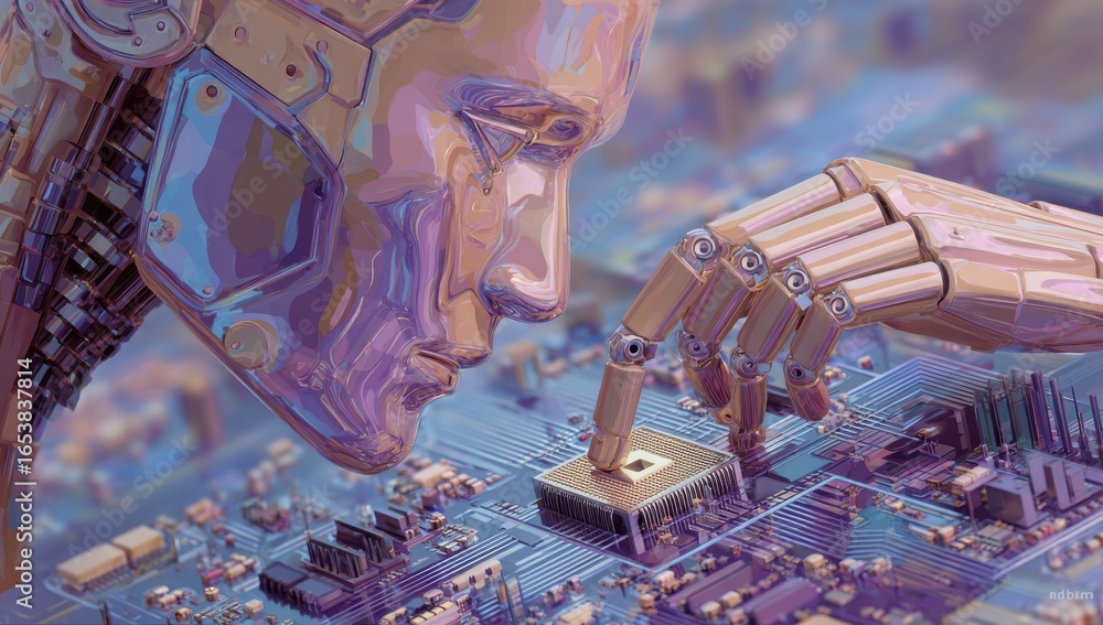 Poster a stylized digital macro artwork of a robotic head placing a microchip on a circuit board