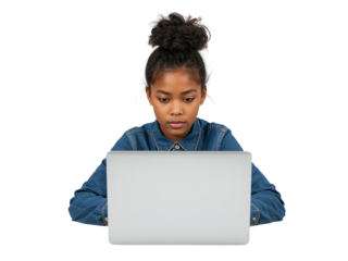 Focused young girl using a laptop for education on an isolated transparent layout