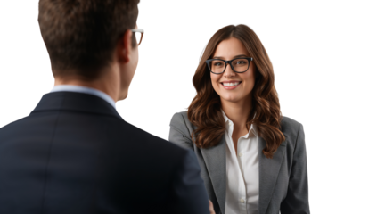 Professional encounter with isolated transparent background, two colleagues discussing strategy in