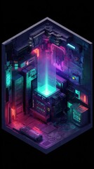 Fototapeta premium A stylized isometric render of a vibrant, colorful server room. A central glowing core emits a light beam upward, showing high energy usage