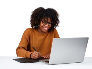 Young woman creates digital artwork on laptop using graphics tablet with isolated transparent