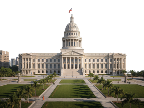 Elegant state capitol building architecture with transparent open air promenade landscaping palm