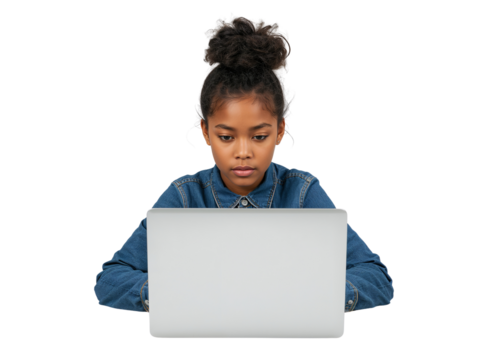 Focused young girl using a laptop for education on an isolated transparent layout