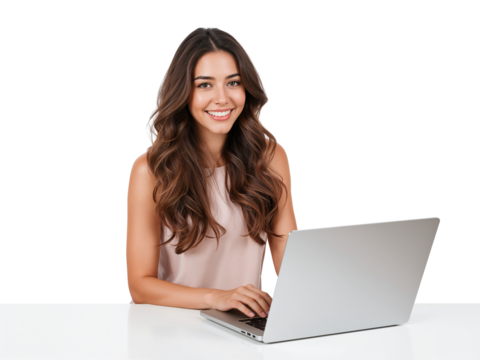 Cheerful young woman using laptop against isolated transparent background for multipurpose usage - Powered by Adobe