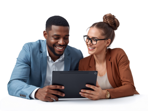 Professional colleagues joyfully collaborating on a digital tablet against an isolated transparent