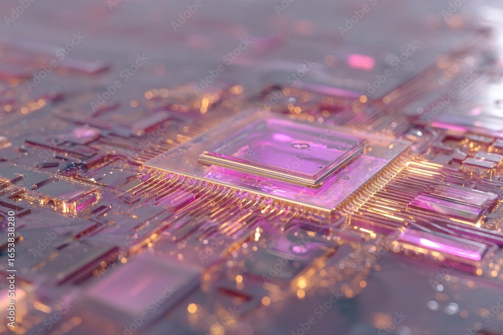 Poster a surreal microchip with glowing violet and amber veins running through it, the circuit board has em