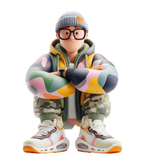 Stylish character in minimalistic design, wearing colorful streetwear, sneakers, and glasses, exuding confident vibe