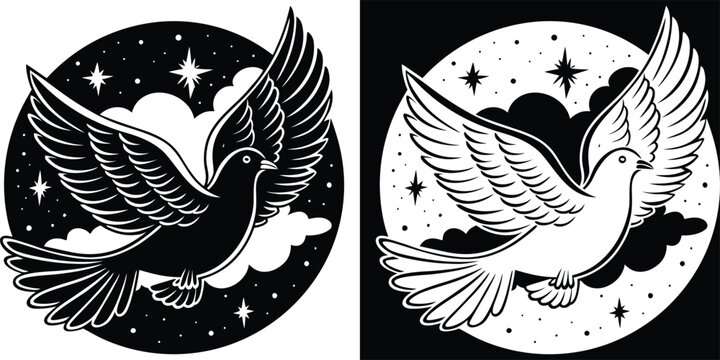 Elegant dove flying in a starry night sky bringing peace and hope, a symbol of freedom and spirituality