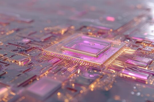 A surreal microchip with glowing violet and amber veins running through it, the circuit board has embossed textures and diffused pink reflections