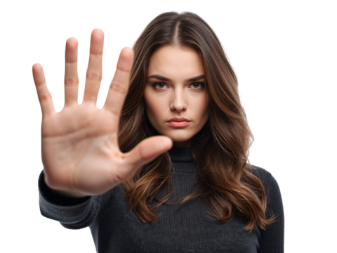 Brunette woman asserts boundaries with outstretched hand on isolated transparent setting conveying