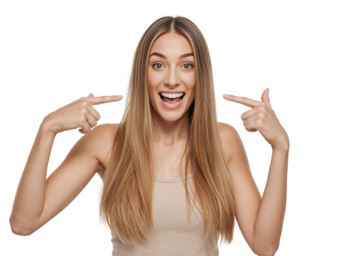 Excited blonde woman indicates with her index fingers to her face with isolated surrounding - Powered by Adobe