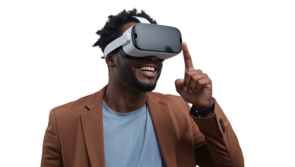Enthusiastic african american man experiencing immersive virtual reality adventure with state of