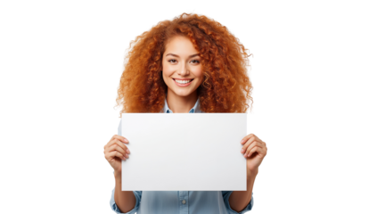Smiling red haired woman holding a blank white board in front of her body with isolated