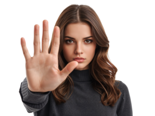Determined woman with hand raised, expression conveys refusal in a transparent space for visual