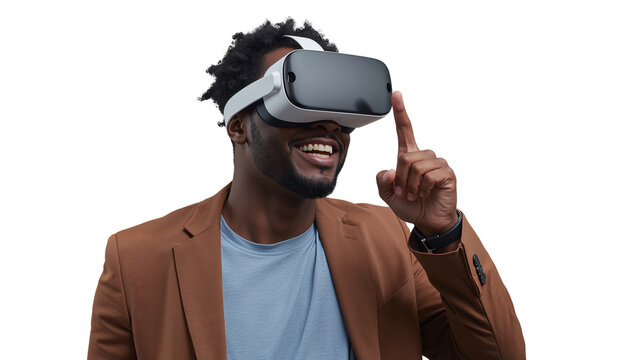 Enthusiastic african american man experiencing immersive virtual reality adventure with state of