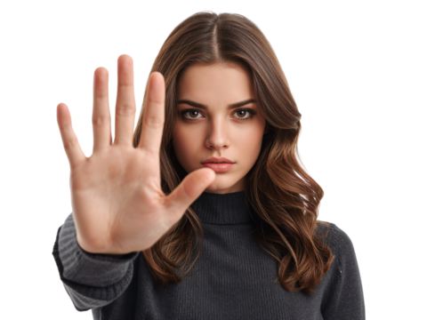Determined woman with hand raised, expression conveys refusal in a transparent space for visual - Powered by Adobe