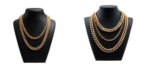 Two gold cuban link necklaces displayed on black jewelry busts, isolated on transparent background