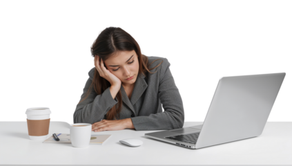 Isolated exhausted professional woman with laptop feeling weary with transparent background
