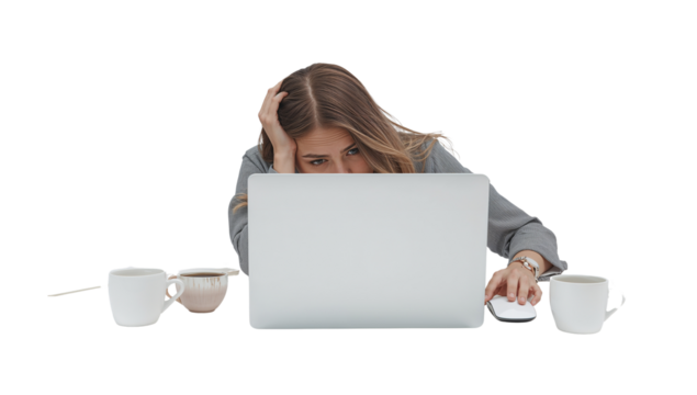 Frustrated professional woman feeling overworked while using her laptop device isolated
