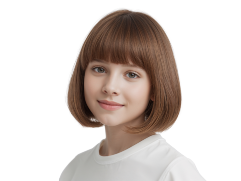 Charming young girl with a stylish bob haircut, radiating youthful innocence on transparent layout