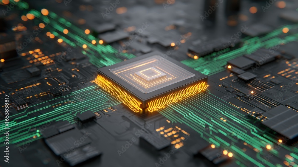 Poster a top-down macro view of a central ai processor chip with gold trim and translucent core, surrounded